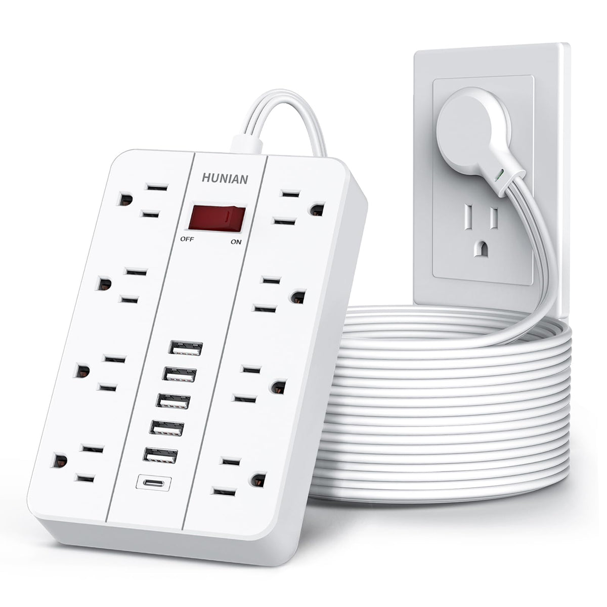 HUNIAN front view of power strip showing outlets and USB ports for organized charging