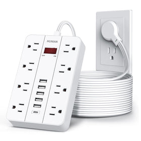 HUNIAN front view of power strip showing outlets and USB ports for organized charging