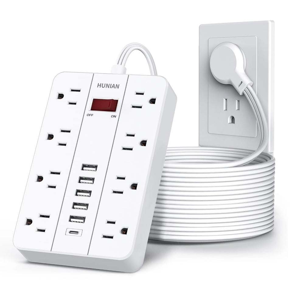 HUNIAN front view of power strip showing outlets and USB ports for organized charging