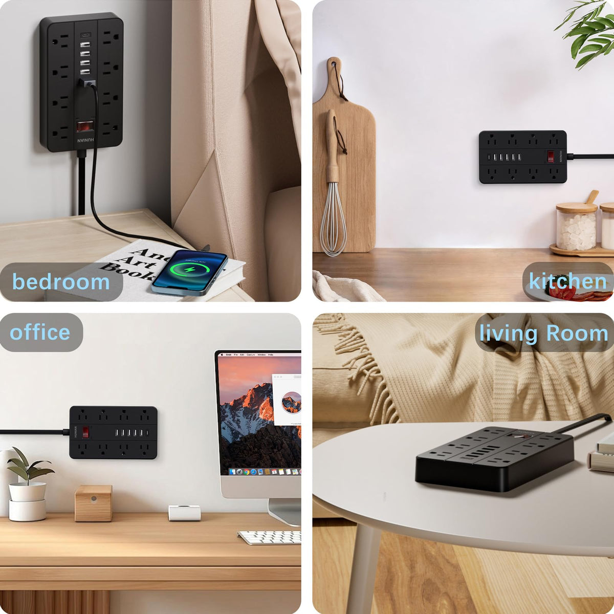 HUNIAN power strip ideal for a modern home office desk setup