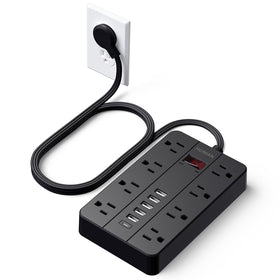 HUNIAN power strip with flat plug for space-saving wall mounting