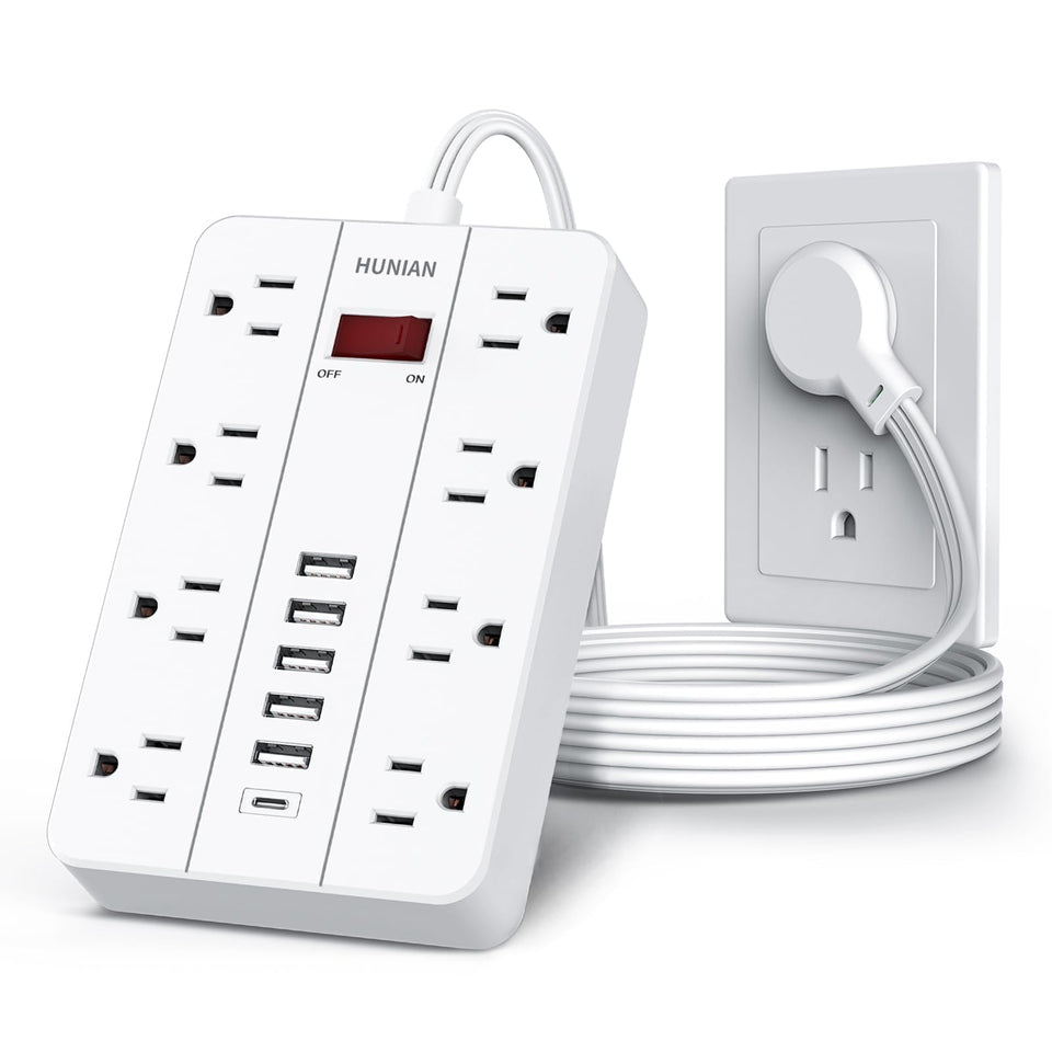 HUNIAN power strip with USB and flat plug for organized charging across eight outlets