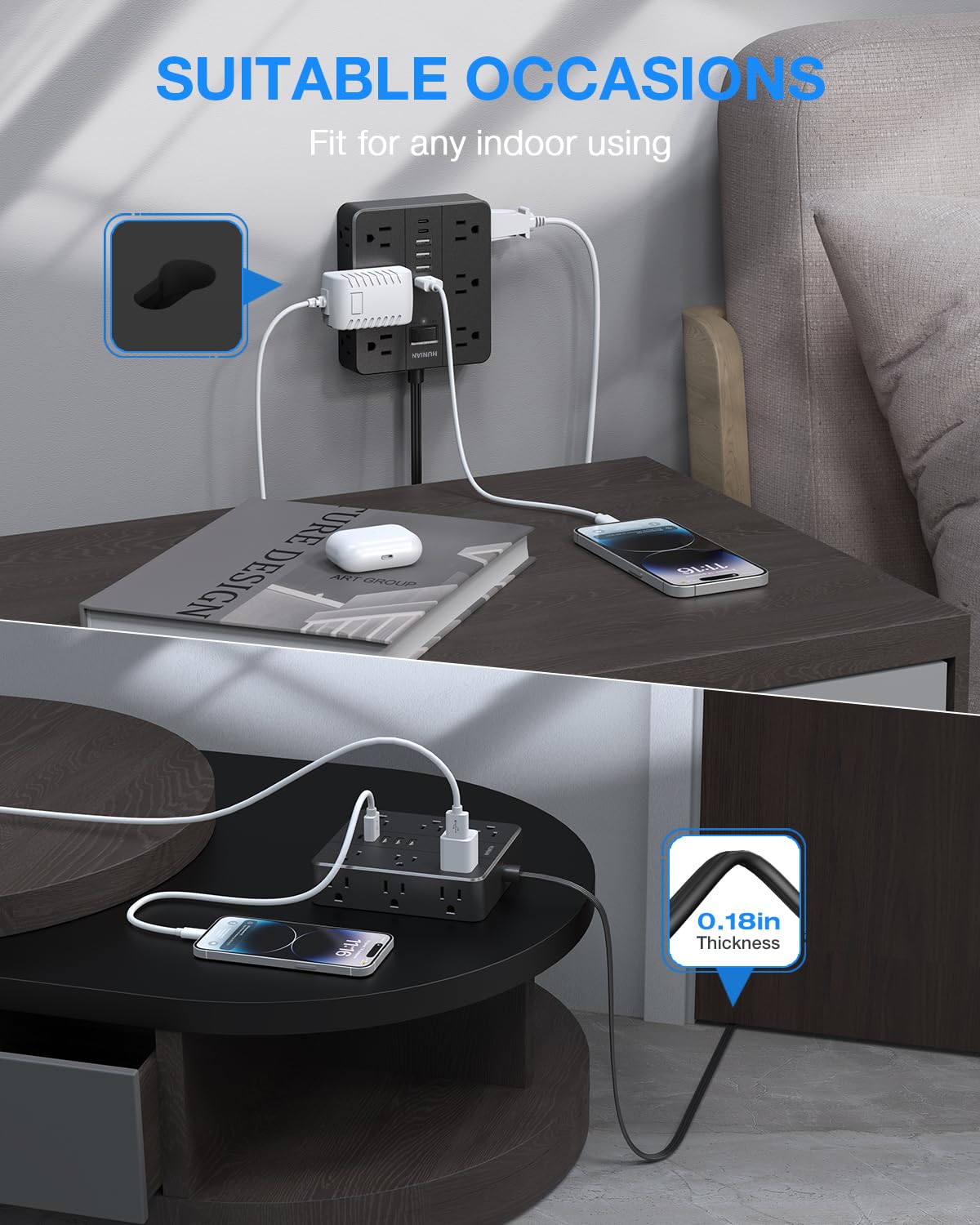HUNIAN ultra-thin flat plug design helps cords disappear behind furniture