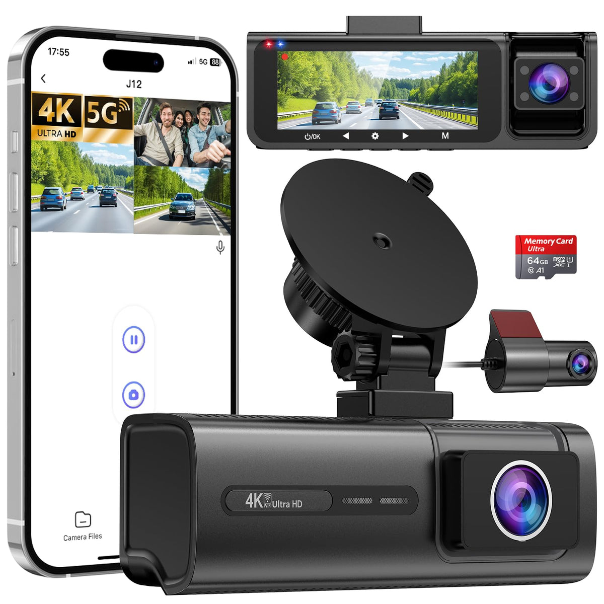 Huntermax 3-channel dash cam front 4K view captures license plates clearly