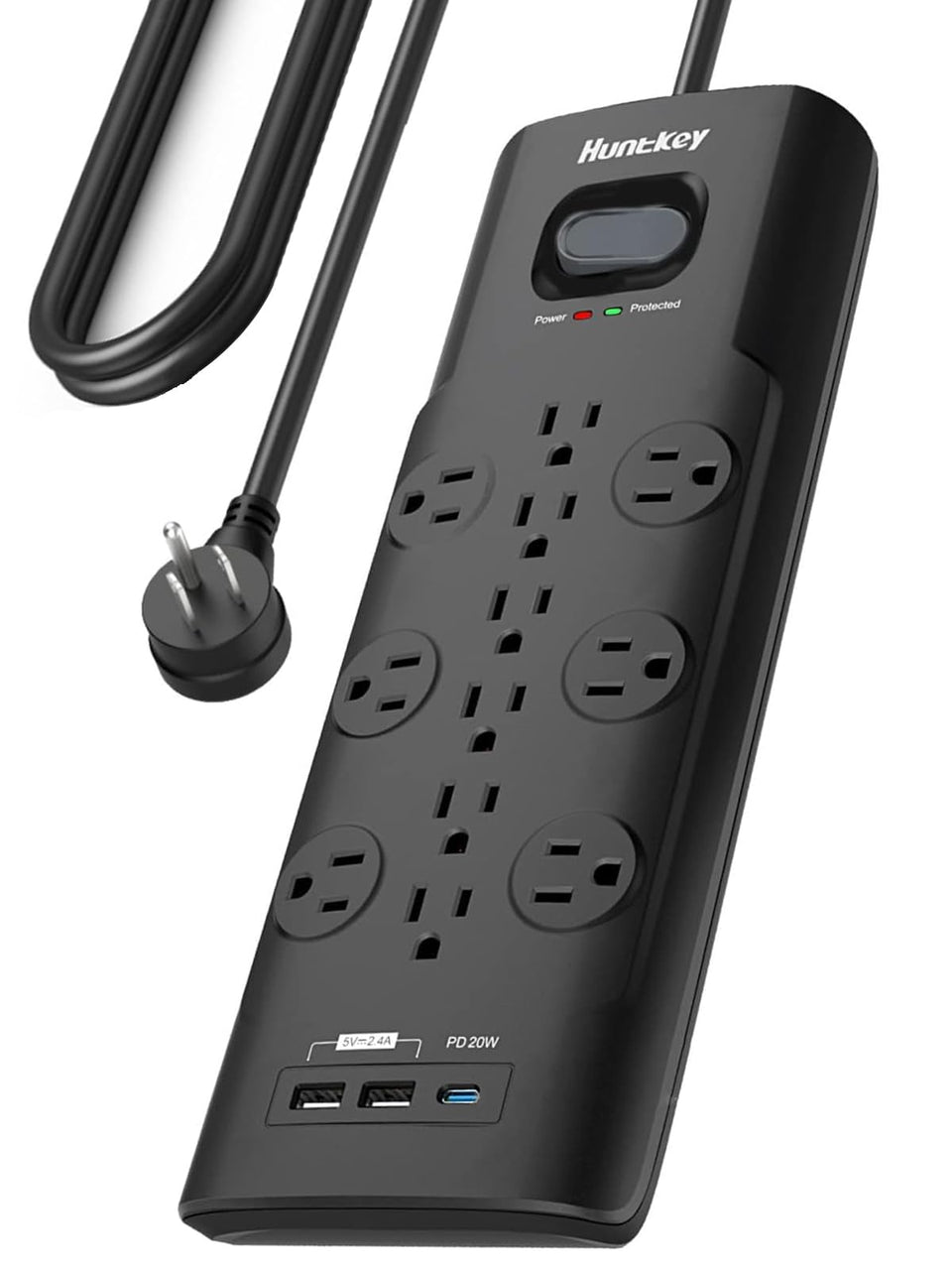 Huntkey surge protector with 12 outlets and USB-C PD powering a busy workstation