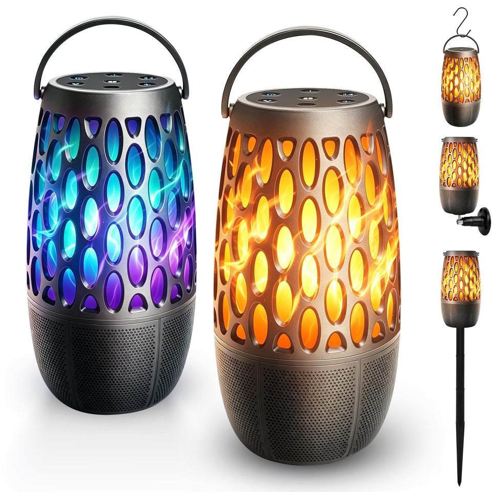 HUOLEME outdoor speaker with flame lights creates ambient mood for patio gatherings.