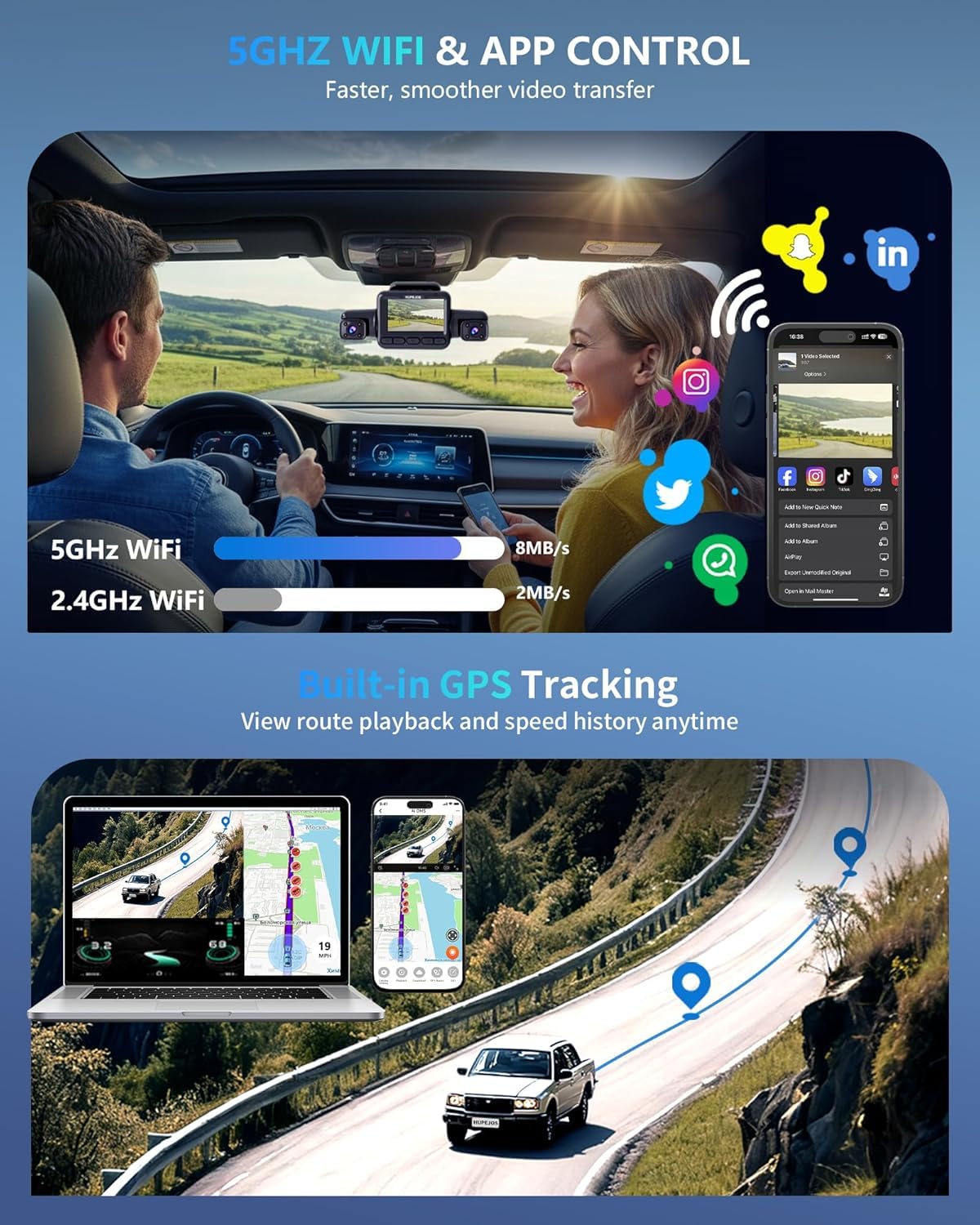 HUPEJOS 24h parking mode for continuous vehicle security.