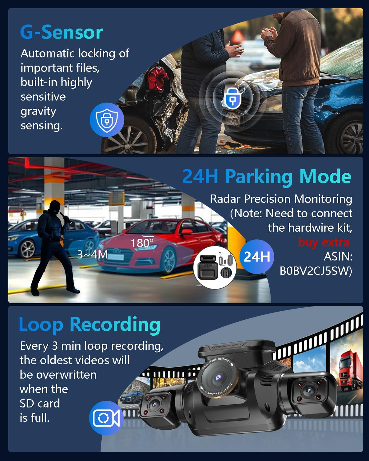 HUPEJOS dash cam 4K front with dual 1080p for detailed footage.