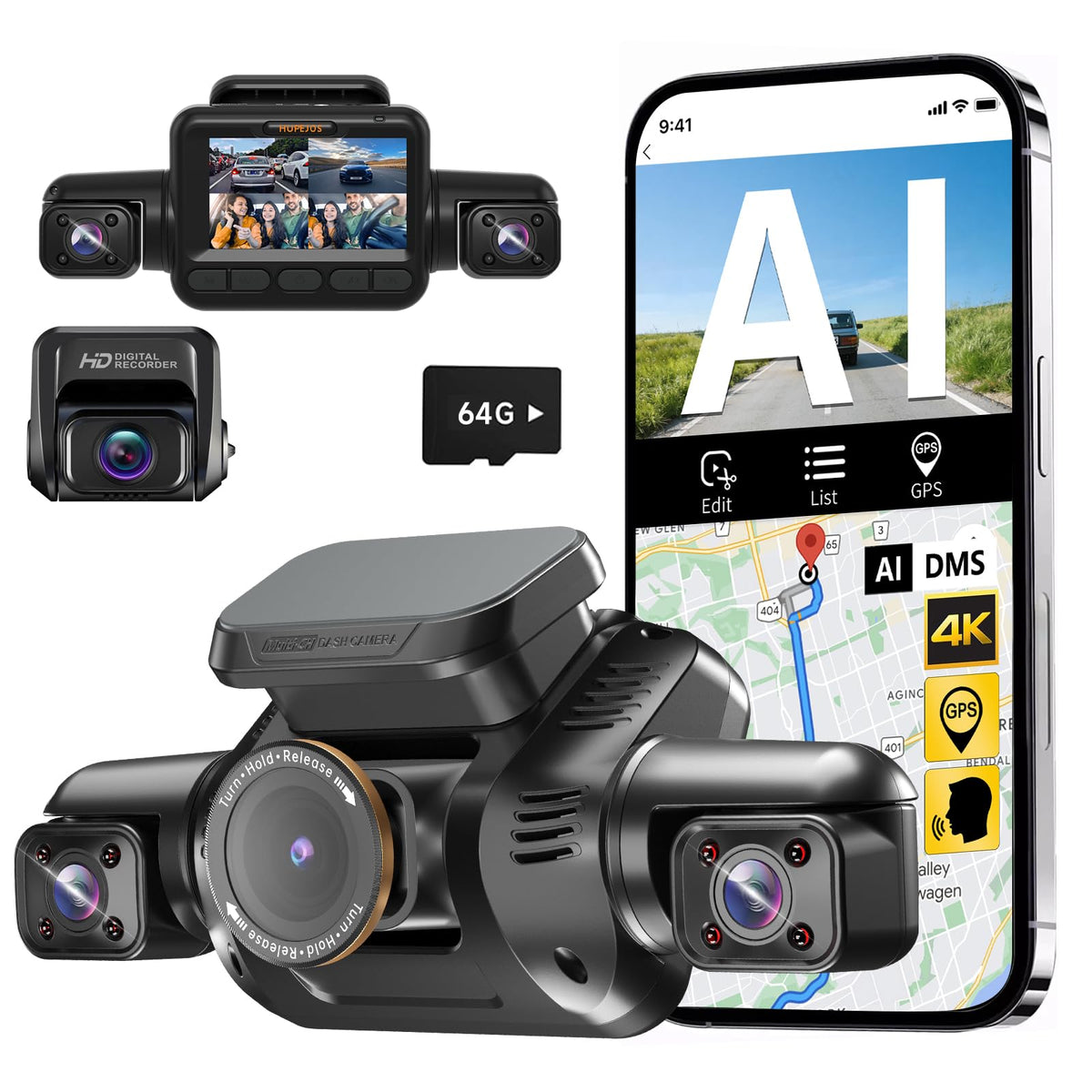 HUPEJOS AI dash cam front view with 4K clarity and wide coverage.