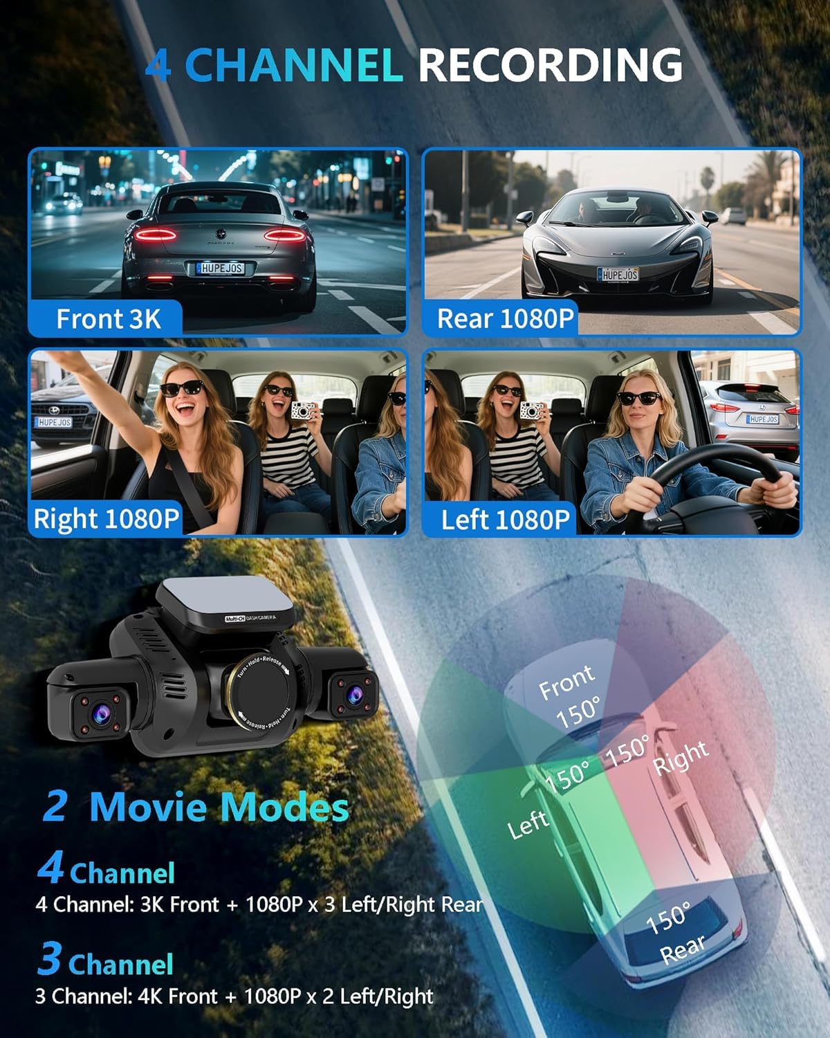 HUPEJOS right-side dash cam lens recording oncoming traffic.