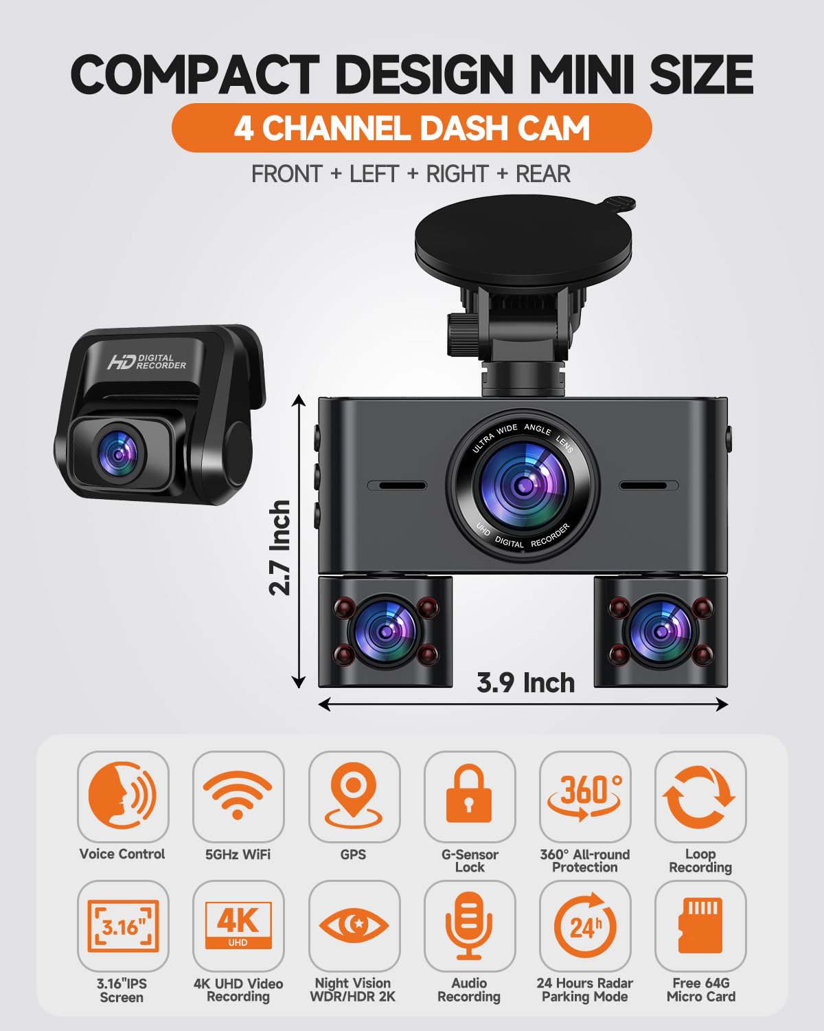 HUPEJOS dash cam 360° rear view records traffic behind clearly.