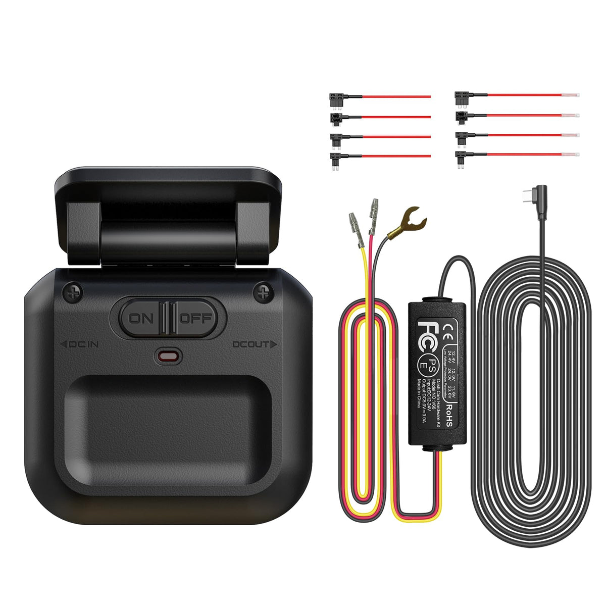 HUPEJOS hardwire kit front view showing compact protected module and cables for tidy installation