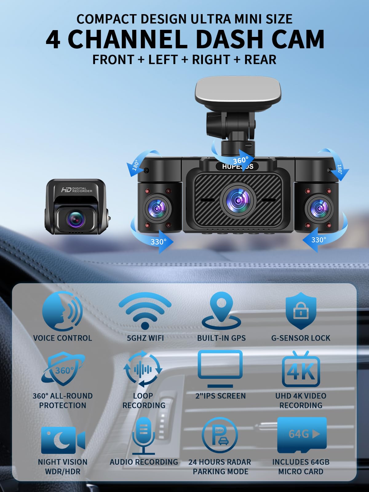 HUPEJOS V50-4CH left-right cameras provide 360-degree coverage in one frame