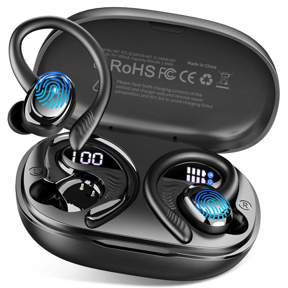 Hupoaf Wireless Earbuds with earhooks ensure a secure, stable fit during workouts