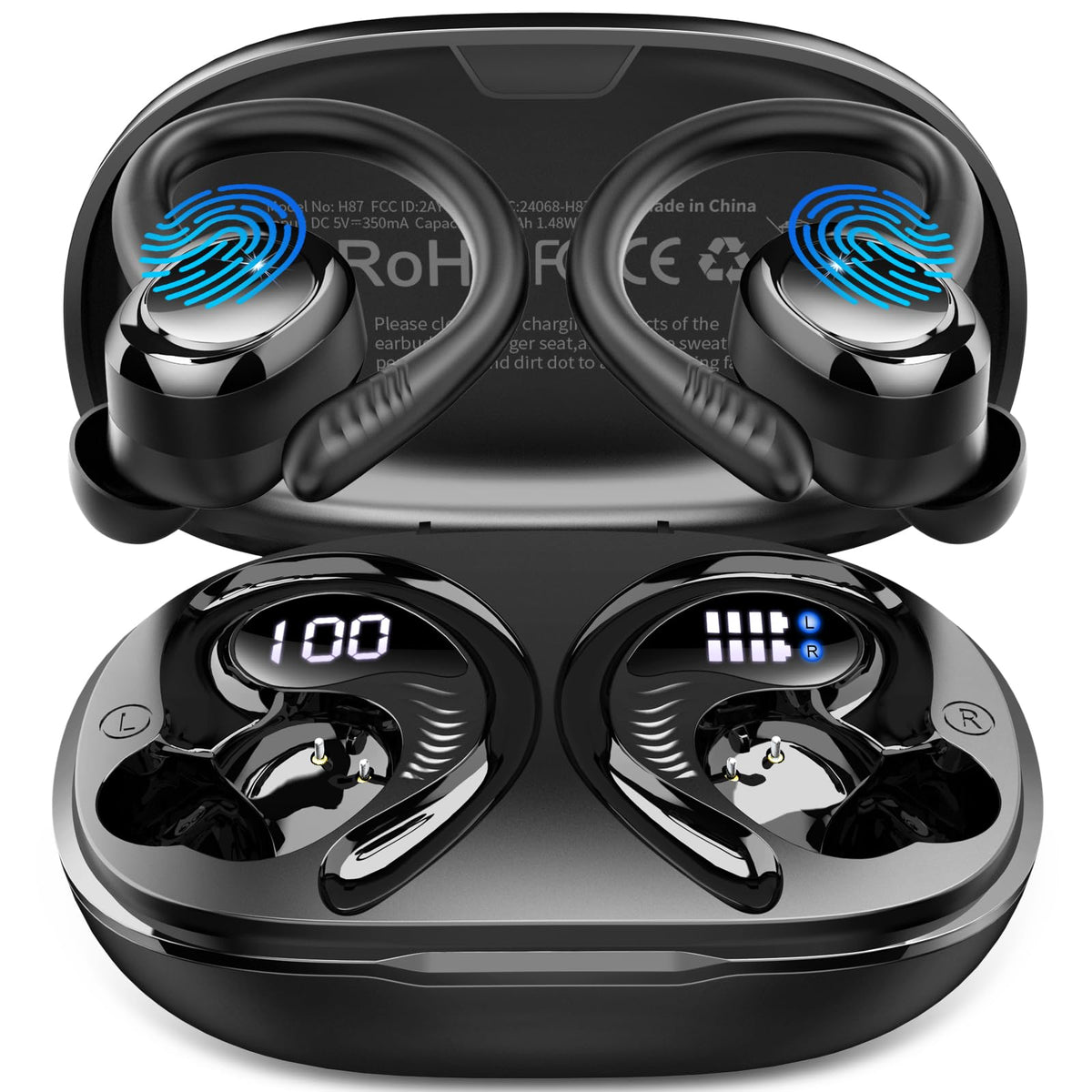 Hupoaf front packaging showing earbuds and case, highlights portability