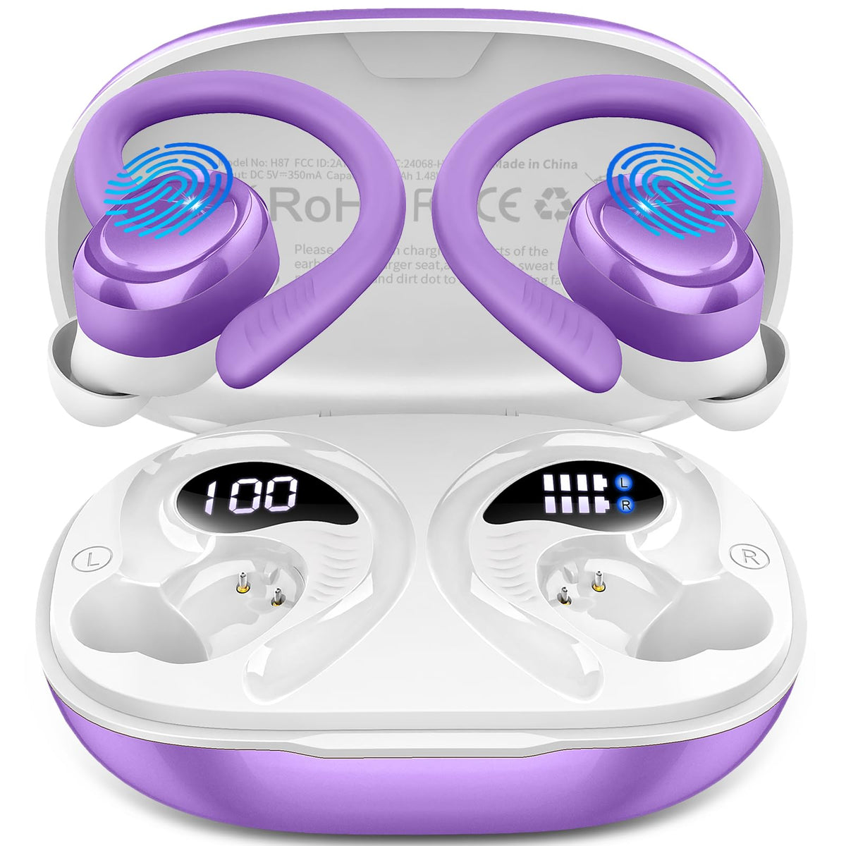 Hupoaf front packaging showing purple earbuds and case, highlights durable design