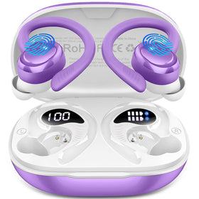 Hupoaf front packaging showing purple earbuds and case, highlights durable design