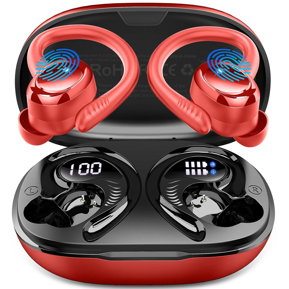 Hupoaf front packaging showing red earbuds and case, highlights portability