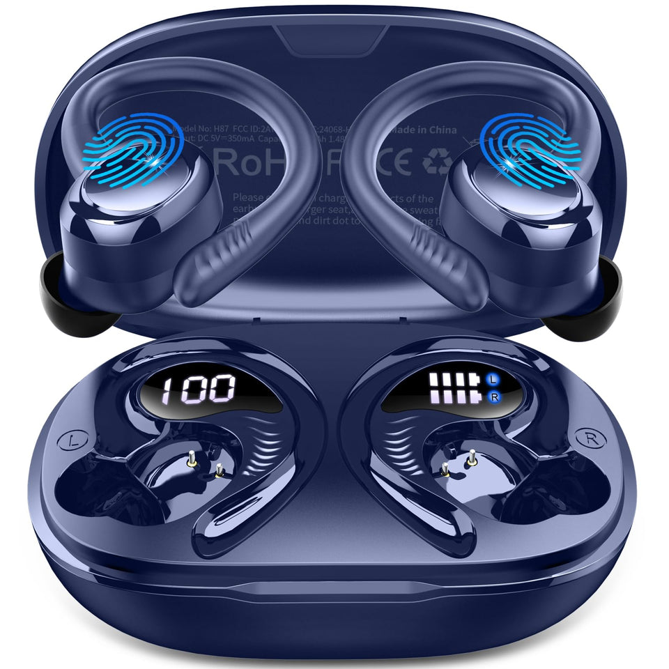 Hupoaf front view of blue earbuds showing sleek design and secure fit
