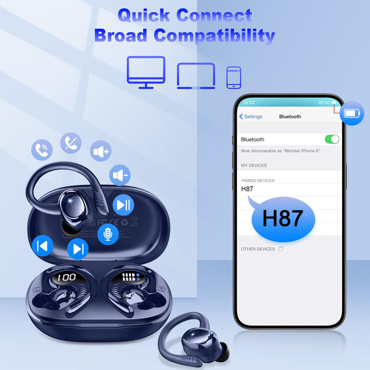 Hupoaf earbuds beside smartphone showing compact size and portability