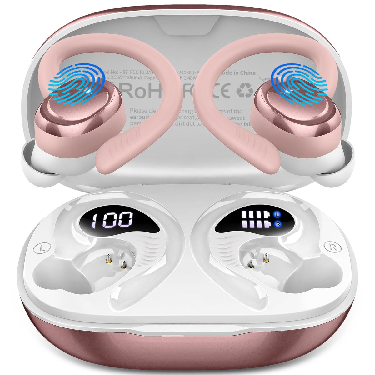 Hupoaf wireless earbuds sport in rose charging case for long workouts