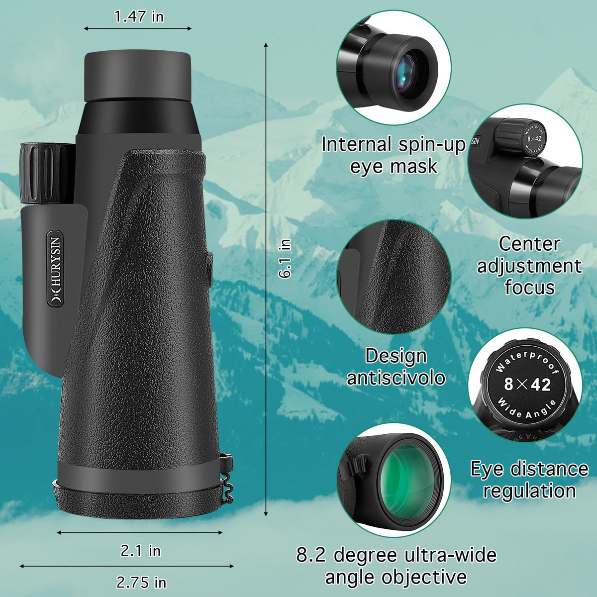HURYSIN lens close-up highlighting green FMC coating for brighter images