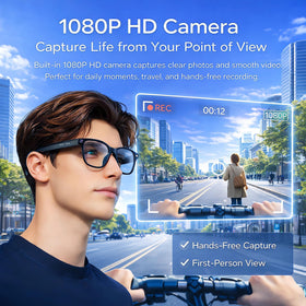 HUSHVANE smart glasses dual-camera setup for immersive POV recording.