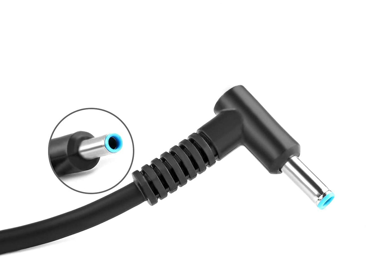 HXHTEC close-up of blue-tip 4.5x3.0mm connector ensuring correct HP fit and secure charge