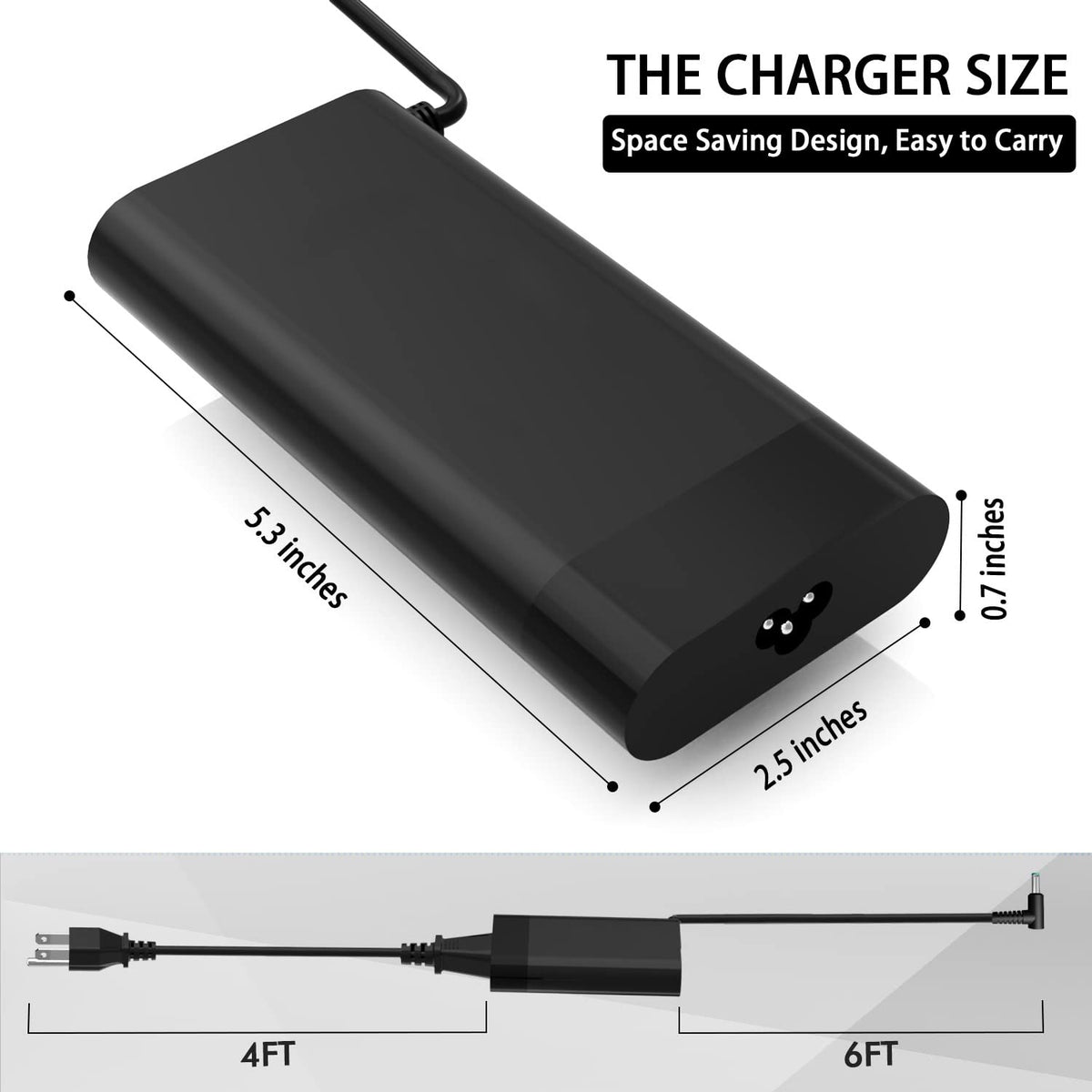 HXHTEC angled power brick highlighting durable casing and cable strain relief for longevity