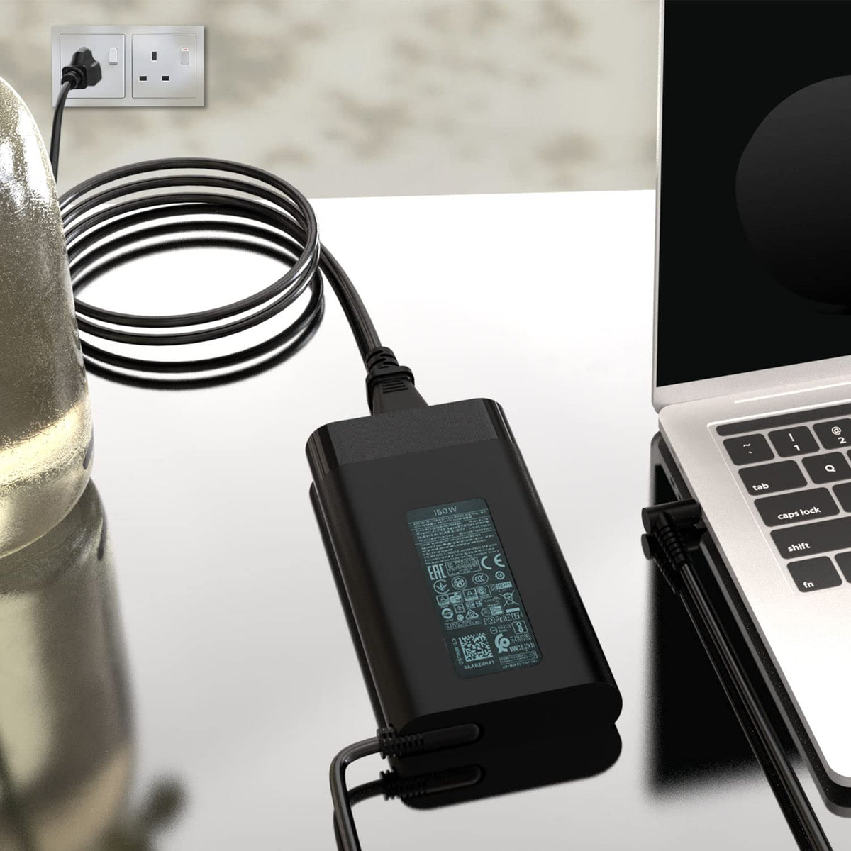 HXHTEC adapter paired with included US power cable for easy plug-and-play travel use