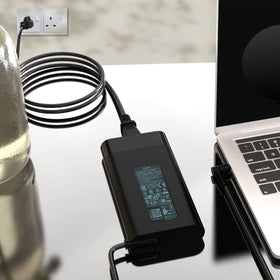 HXHTEC adapter paired with included US power cable for easy plug-and-play travel use