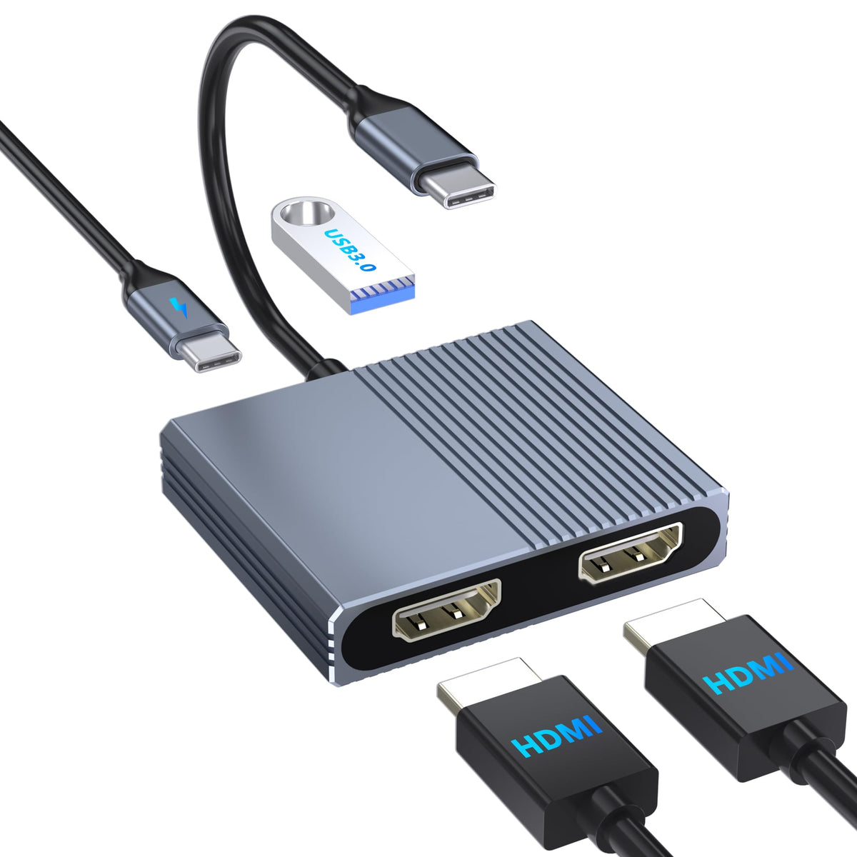 Hxwlo USB-C to dual HDMI adapter front view for quick multi-monitor setup
