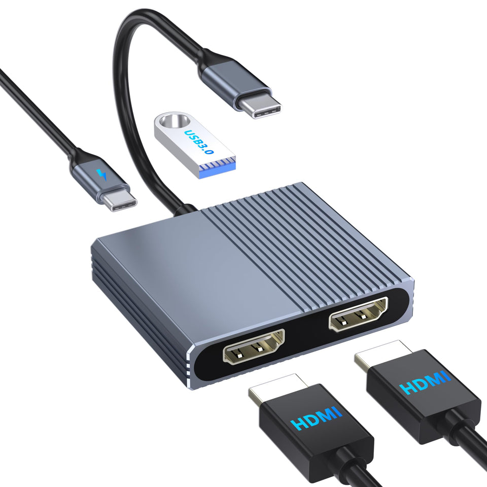 Hxwlo USB-C to dual HDMI adapter front view for quick multi-monitor setup