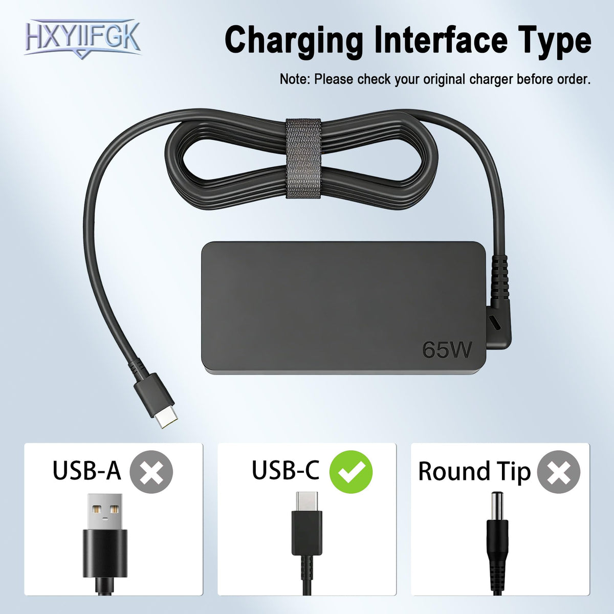 HXYIIFGK ThinkPad-compatible USB-C charger for fast, safe Lenovo charging.