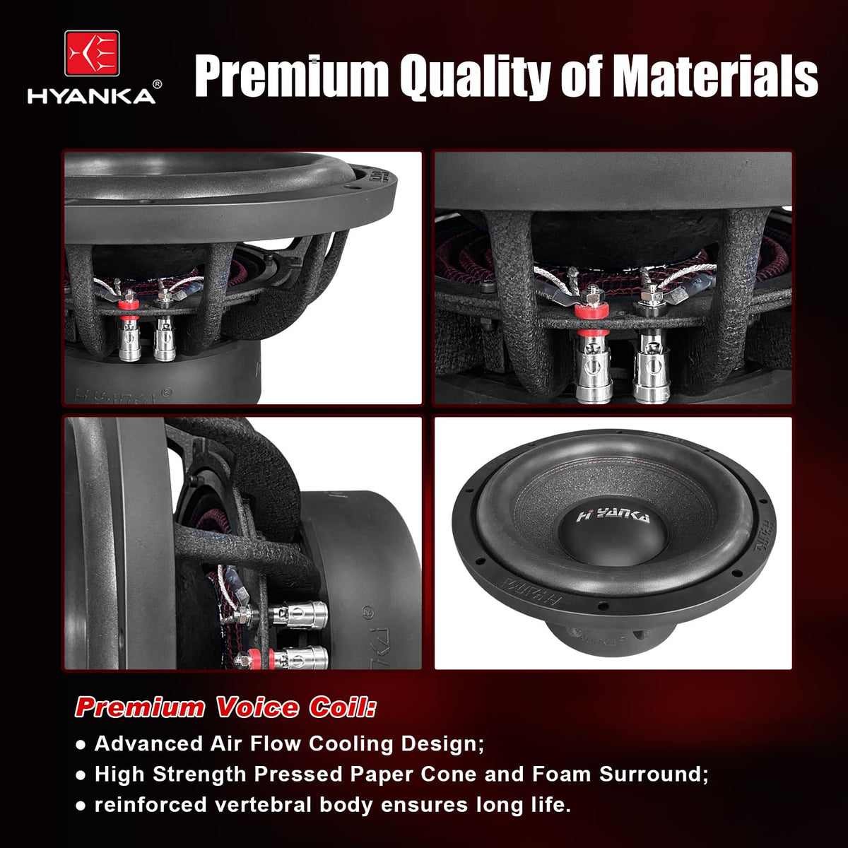 HYANKA BSF-12-4 back view shows dual voice coil layout and impedance.