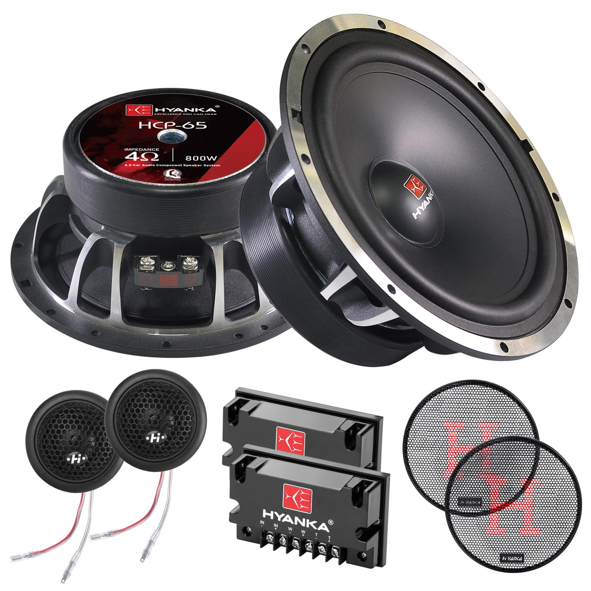 HYANKA HCP-65 front view showing 6.5-inch component speakers for car audio upgrade.