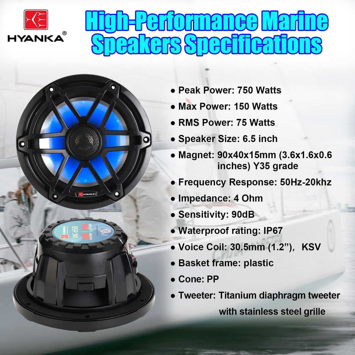 HYANKA MC-65B blue LED illumination adds ambiance during night boating.
