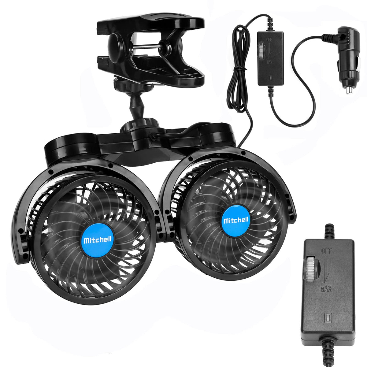 Hynoo dual-head clip fan front view showing compact design and cooling benefit