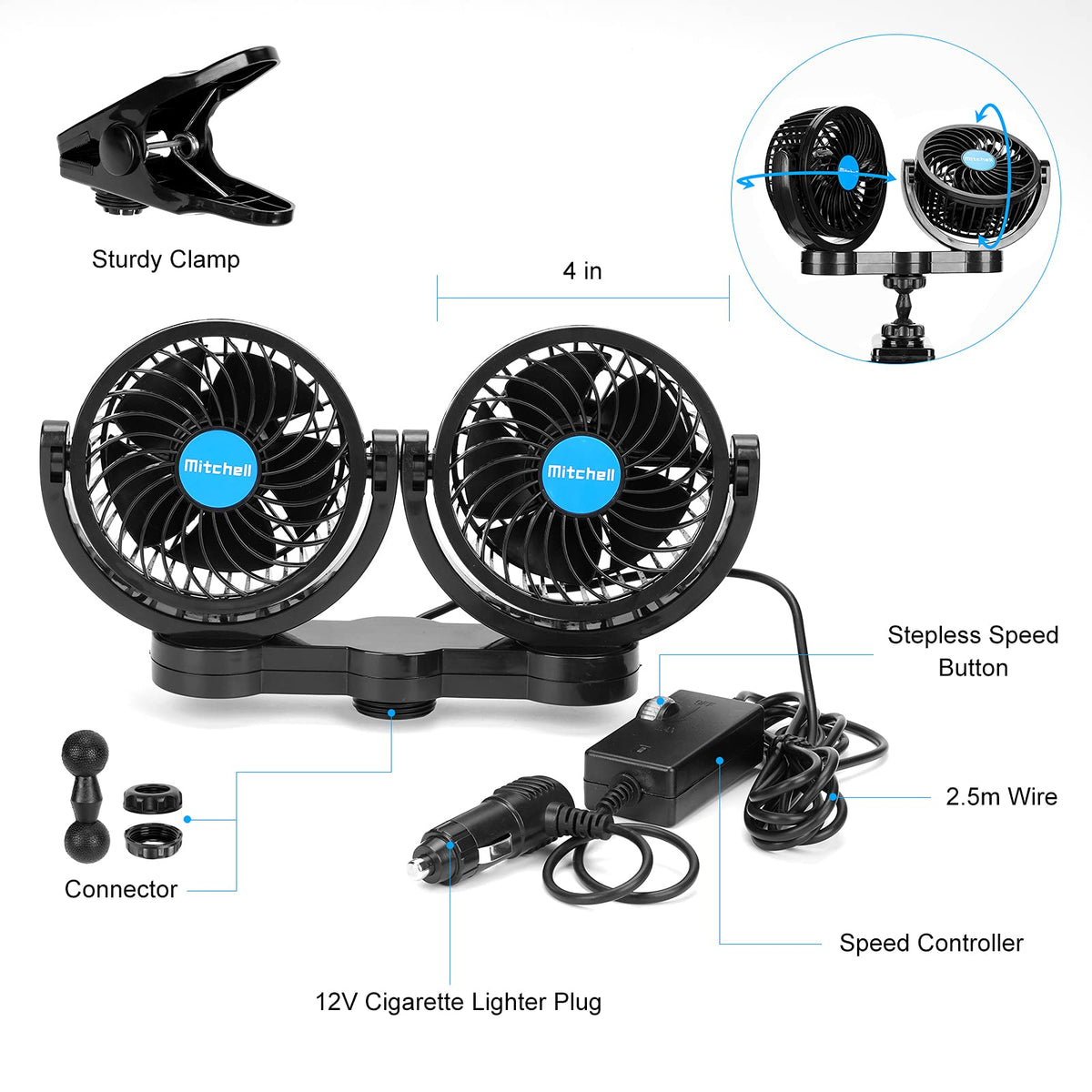 Hynoo clip fan mounted on front seat delivering targeted cooling to driver