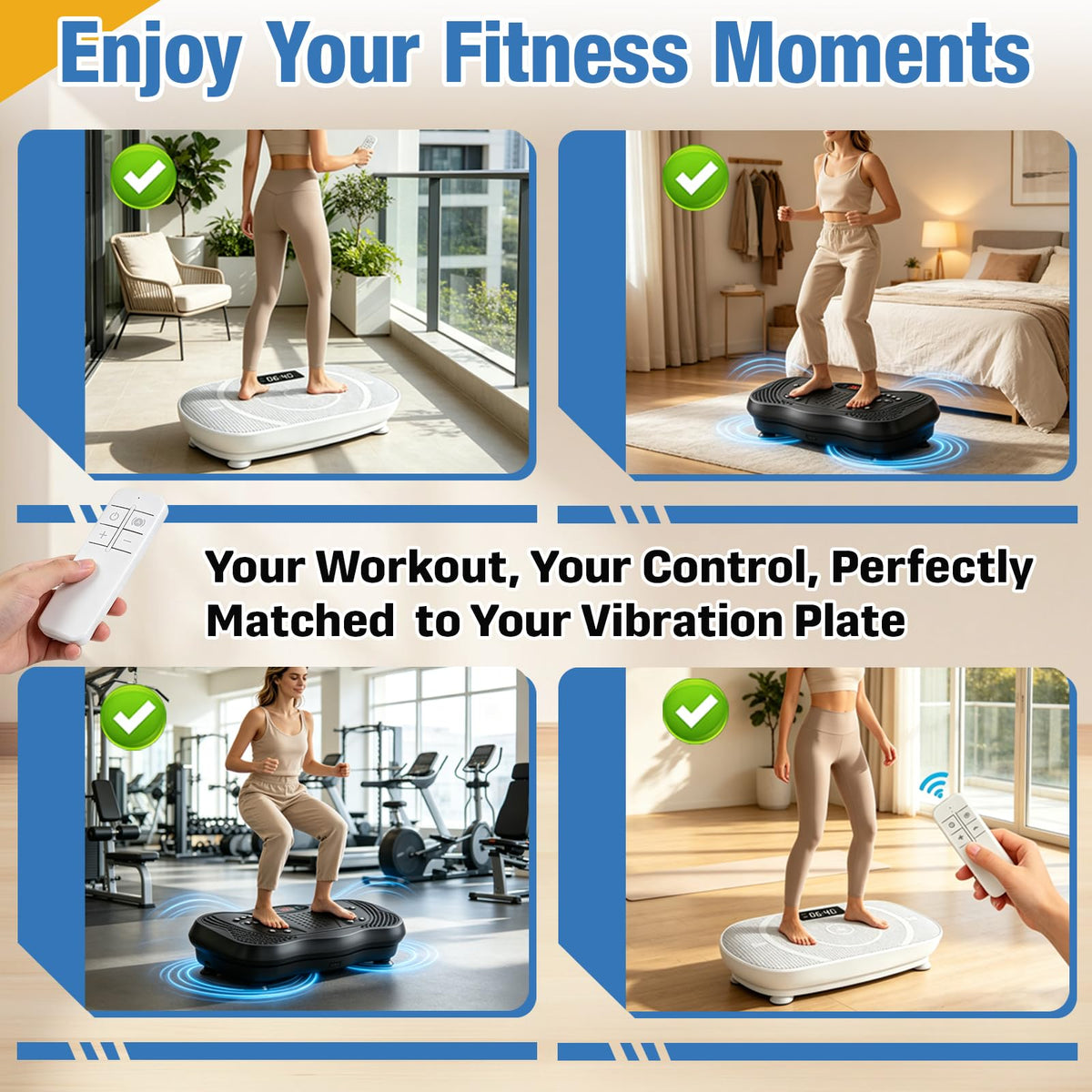 Hyparade remote on home gym floor near vibration plate showing practical use in workout routines