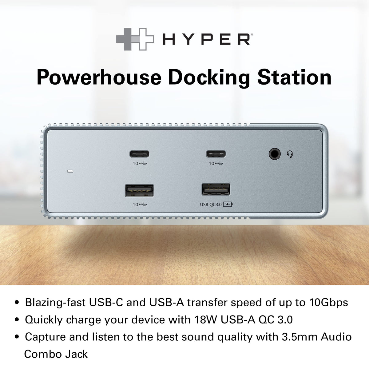 HyperDrive Dock 100W PD charging for laptops.
