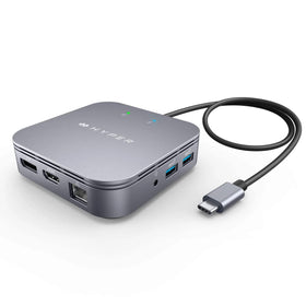 HyperDrive dual-monitor dock front view for portable 4K workspace