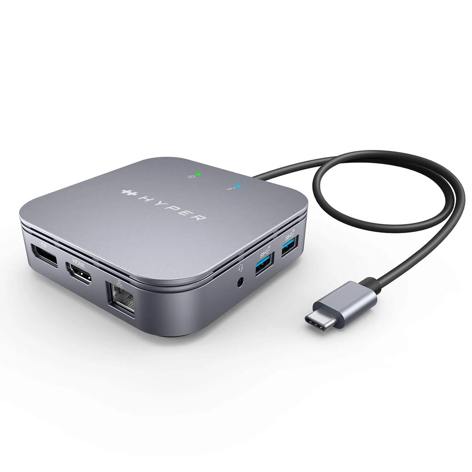 HyperDrive dual-monitor dock front view for portable 4K workspace