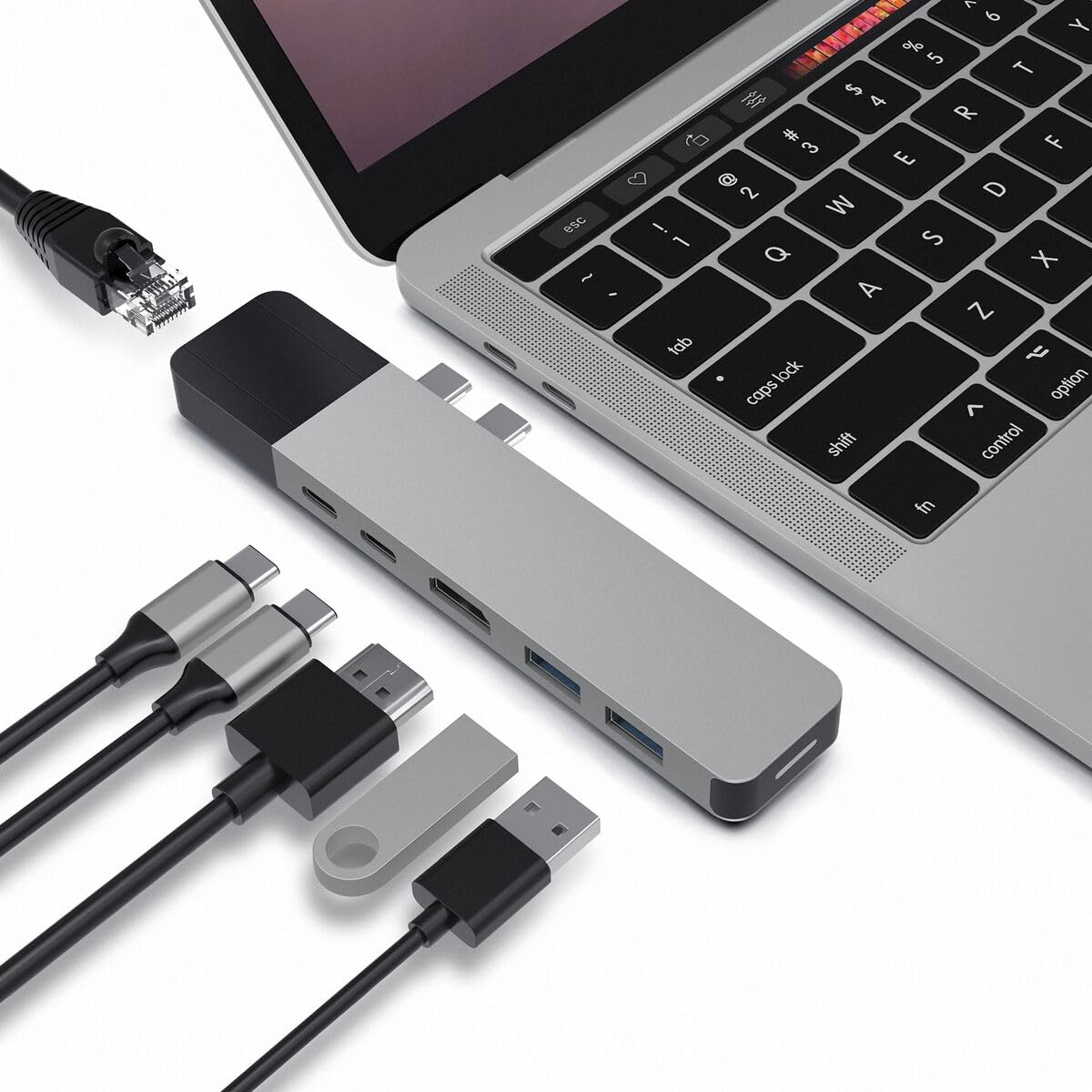 Hyper hub connected to MacBook with HDMI and Ethernet for stable connection benefit