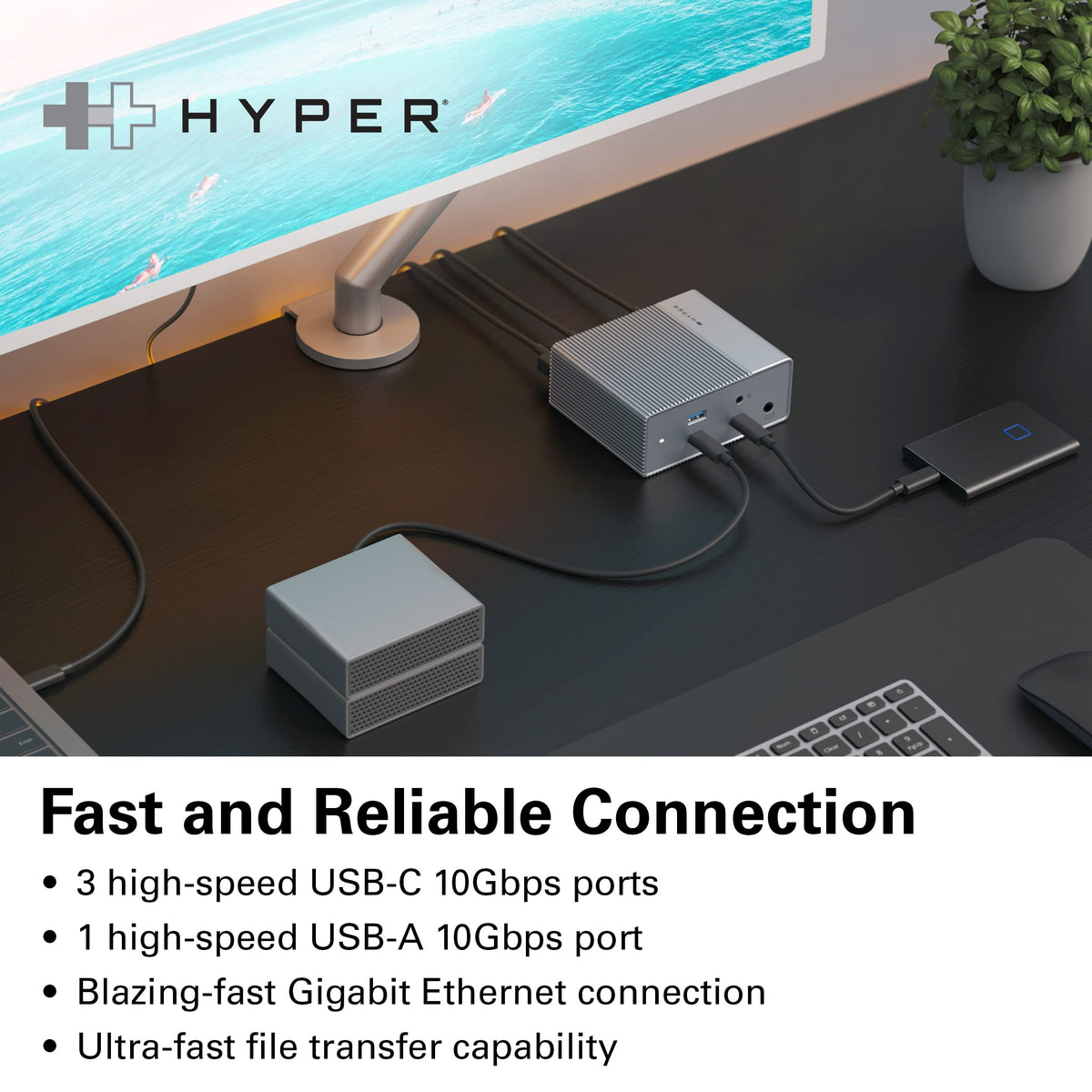 HyperDrive GEN2 showing USB-C and USB-A 10Gbps ports for fast transfers.