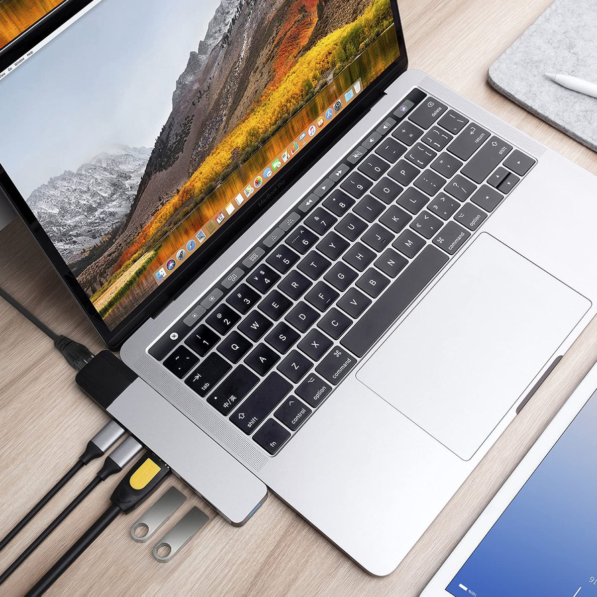 HyperDrive USB-C hub on a tidy desk setup with monitor and keyboard