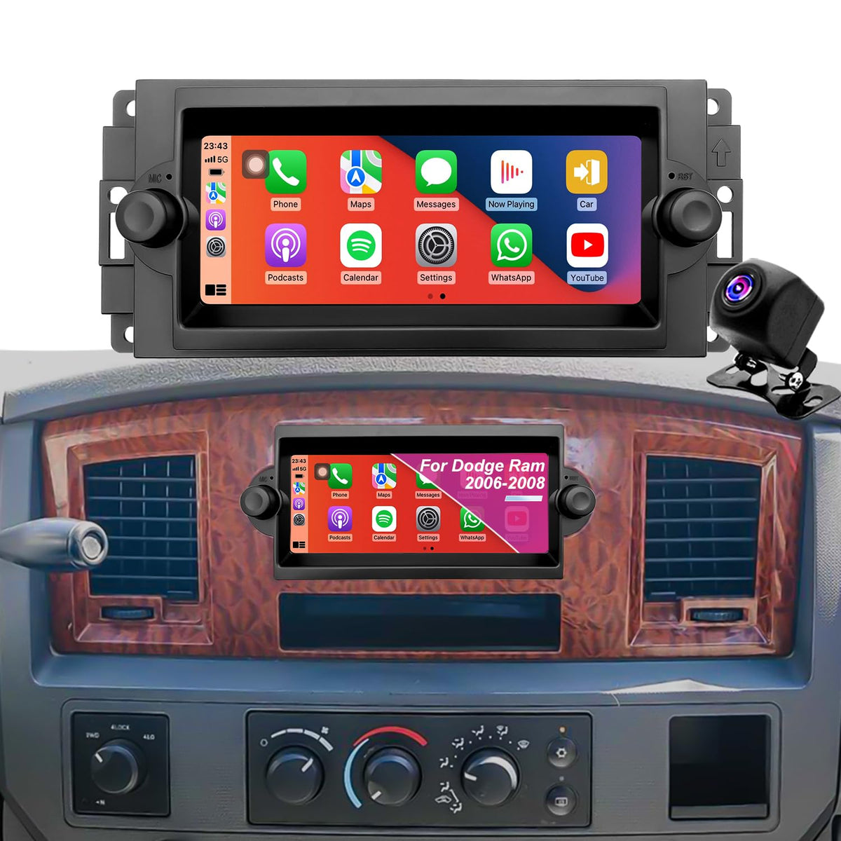 Hyperego 6.86-inch touchscreen car radio for Dodge Ram with CarPlay compatibility.