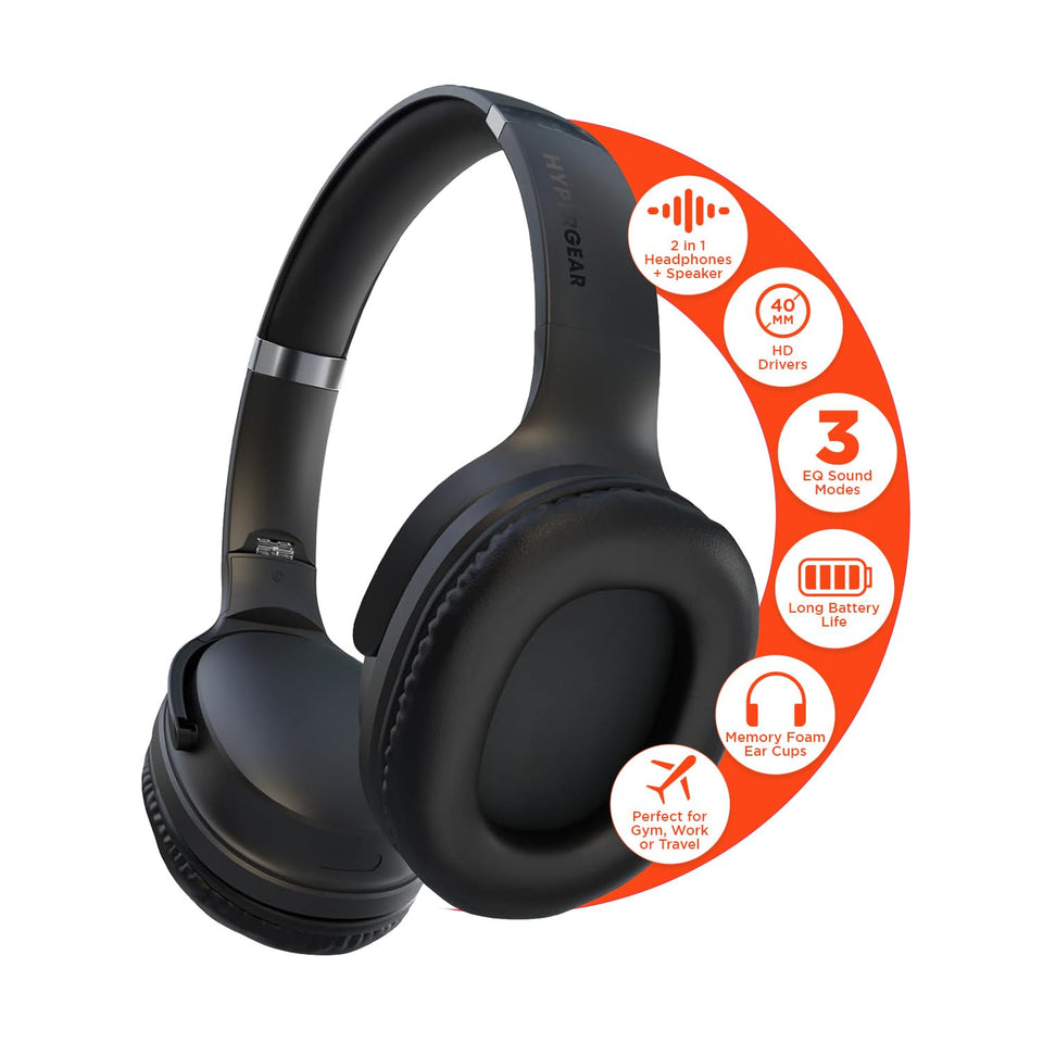 HyperGear front view showing sleek black foldable headphones and portability benefit