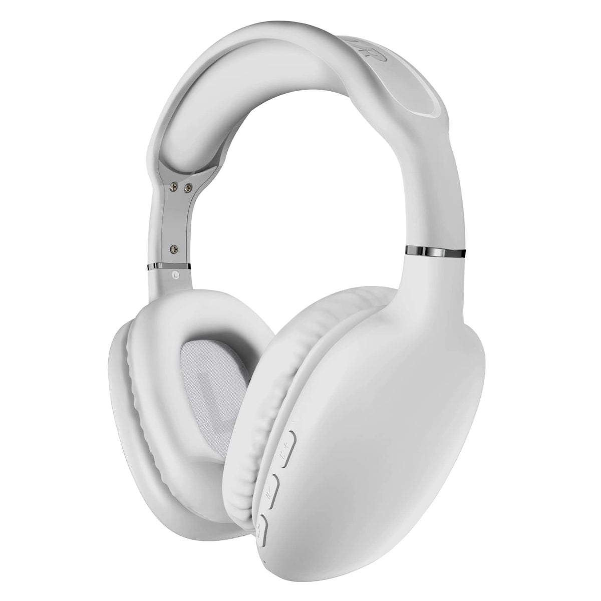HyperGear over-ear headphones in white with side view showing comfortable fit and sound