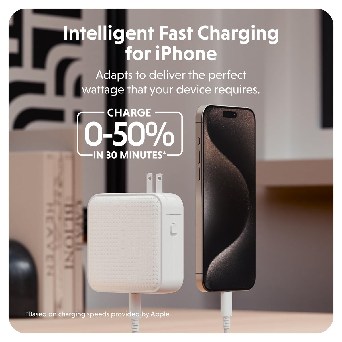 HyperJuice on desk with C8 adapter for home or office charging.